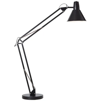 A black floor lamp with an adjustable arm and shade.