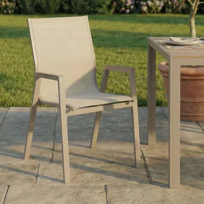 Produktbild von MONDELLO Gartenstühle 6er Set, Champagner - Stapelbarer Outdoor Stuhl mit Armlehnen, wetterfest, Stahlgestell und Textilene, Armlehnen aus WPC [max. Belastbarkeit 120 kg]