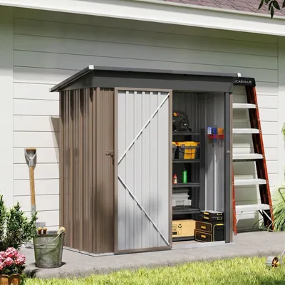 Produktbild von Gerätehaus Metall mit Pultdach 162x86x182 cm Braun mit Tür und Fundamentrahmen