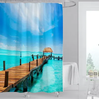 Produktbild von Digitaldruck Textil Duschvorhang aus Polyester Stoff Badvorhang MALEDIVEN Pier DIGITAL 240x200 cm mit 15 Ringen, Karibik-240