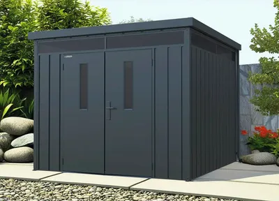 Produktbild von Gartenhaus Konsta Premium Systemhaus 10 m² inkl. Regenablaufrohr 314 x 314 cm metallic schwarz