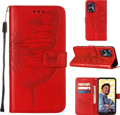 Produktbild von Lederhülle für Realme C55 Schmetterling Prägung Flip Ledertasche Kartenfächer Handyhülle mit Ständer Rot