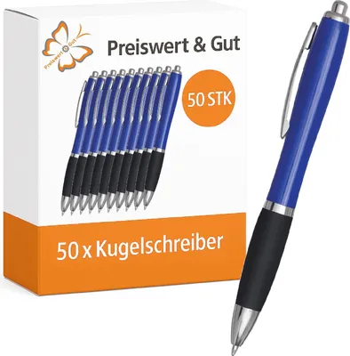 Produktbild von 50 x Kuli blauschreibend Kunststoff mit Druckmechanismus, Kugelschreiber Großraummine – Schreibgeräte schwarz/blau