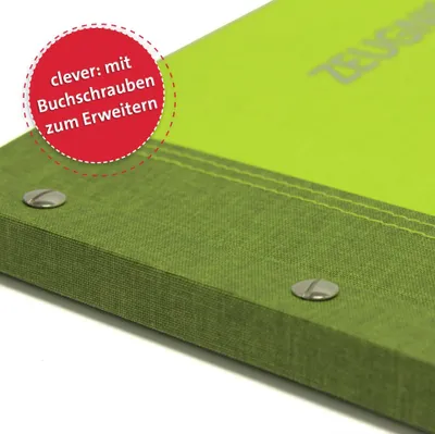 Close-up of a green binder with metal screw posts.