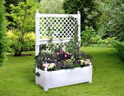 Produktbild von KHW Pflanzkasten 100 cm mit Spalier, Abmessungen B 100 x T 43 x H 140 cm, hochwertiger Kunststoff,  stabil, witterungs-/UV-beständig. Farbe: Weiß.