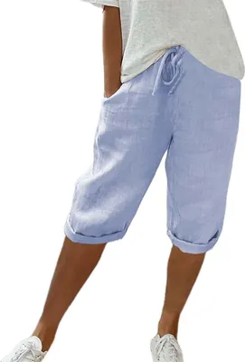 Produktbild von Damen Leinen-Shorts Sommer Knielang mit Kordelzug, Luftig und Bequem, Hohe Taille, Casual Strandhose