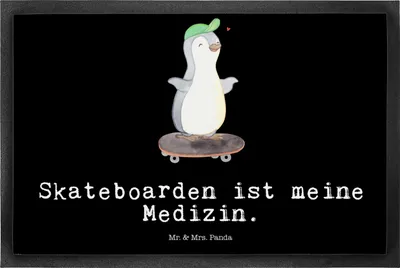 Produktbild von Mr. & Mrs. Panda Fußabstreifer Pinguin Skateboarden 50 x 75 cm - Schwarz - Geschenk, Sauberlaufmatte, fußmatte, Skateboard, Fussmatte, Skateplatz, bodenmatte, Skaten
