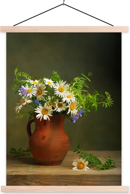 Produktbild von MuchoWow® Textilposter Gänseblümchen - Antiquitäten - Stilleben 60x80 cm mit holzfarbenen Rahmen - Wandbild
