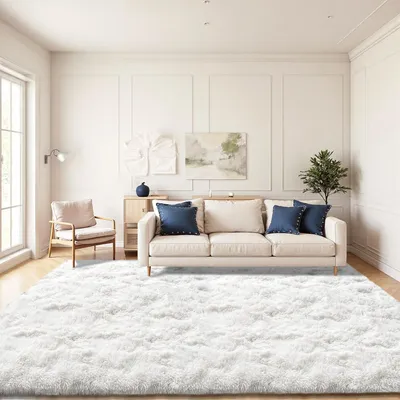 Image de Tapis à poils longs, lavable, antidérapant, dimensions 240x340 cm, couleur crème