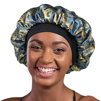 Produktbild von Nachtmütze Schlafhaube für Damen, Blaues Blumenmuster, Satin, Einheitsgröße