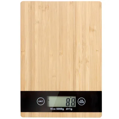 A top-down view of a digital kitchen scale with a bamboo surface and a black digital display.