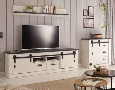Produktbild von Wohnwand "Stove" 3-teilig in weiß Pinie anthrazit mit XL Lowboard und Soft-Close