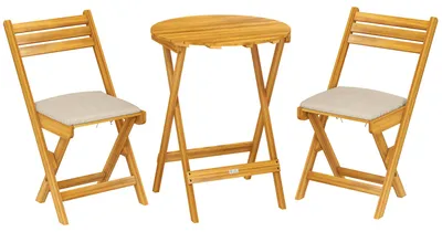 Produktbild von Balkonmöbel Set 3 teiligHolz klappbar Gartenmöbel Set mit runder Tisch 2 Stühle Sitzkissen Atmungsaktiv Lamellsitz