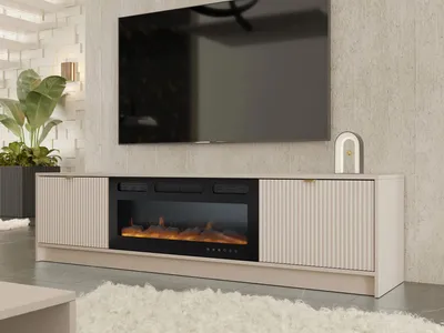 Produktbild von MIRJAN24 TV-Lowboard Tireno EF mit Kamin, TV-Tisch mit Klappe, Aluminiumgriff in der Farbe Gold (Farbe: Sandbeige)