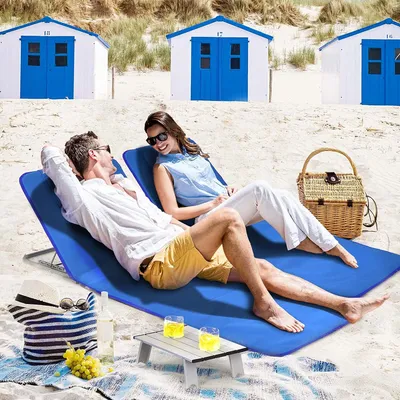 Immagine prodotto di COSTWAY 2 x materassino da spiaggia con tavolino, materassino da spiaggia a 5 livelli con schienale regolabile, lettino da sole pieghevole, set di sdraio da giardino (blu)