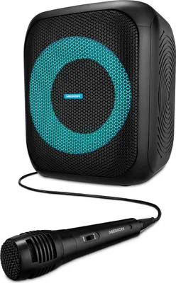 A black portable speaker with a blue light ring and a black microphone connected by a wire.