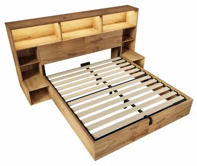 Immagine prodotto di Letto matrimoniale con sistema di sollevamento idraulico e contenitore - Legno di quercia - 160 x 200 cm - Comodini integrati - Testiera con vano portaoggetti - Materasso non incluso