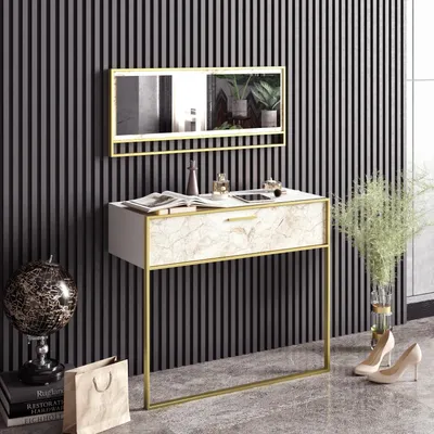 Produktbild von Skye Decor, Eleganter Sideboard mit Spiegel (90 cm), Gold und Weiß, 100% melaminbeschichtete Spanplatte, 18 mm dick, Metallbeine, zahlreiche Regale, wandmontierbar, modernes Design.