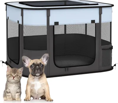 Zdjęcie produktu dla PawHut Puppy Playpen, składany kojec dla szczeniaka wykonany z tkaniny Oxford, oddychający kojec dla psa z siatki, kojec dla kotów, psów poniżej 4 kg, do użytku wewnątrz i na zewnątrz, szary