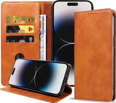 Produktbild von Smartphonica iPhone 14 Pro Max  Kunstledertasche mit Magnetverschluss und Kartenhaltern Buchhülle - Braun