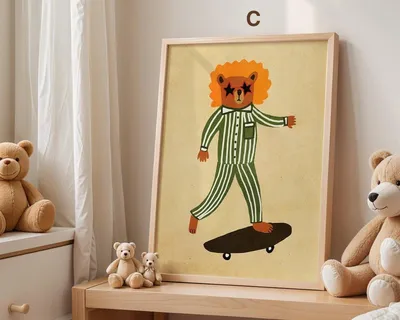 Produktbild von Skateboard Waldtiere Poster Kinderzimmer · Geschenkidee für Kinder · Fuchs Panda Bär Giraffe Faultier · Kinderzimmer Deko · Deko Print ohne Rahmen · Motiv C · 60×90cm