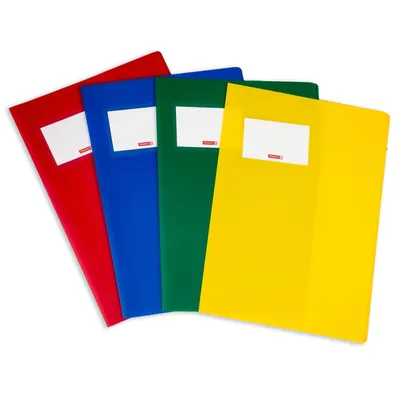 Produktbild von Brunnen FACT!pp Hefthüllen A4 - Heftumschläge aus stabilem Kunststoff mit auswechselbarem Namensschild - Heftschoner Set farbig sortiert (4er Set)