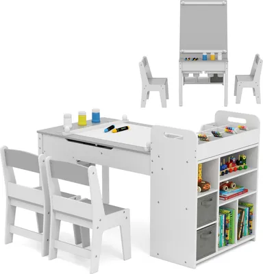 Immagine prodotto di COSTWAY Set di tavolo e sedie per l'arte con rotolo di carta, tavolo per l'artigianato per bambini con piano pieghevole, ripiani per riporre i materiali e contenitori in tessuto