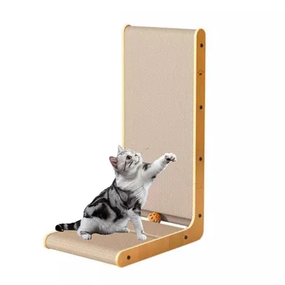 A cat is playing with a scratching post and a ball.