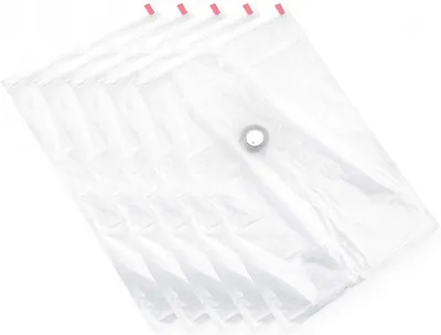 A stack of transparent vacuum storage bags with pink closures and a gray valve on a white background.