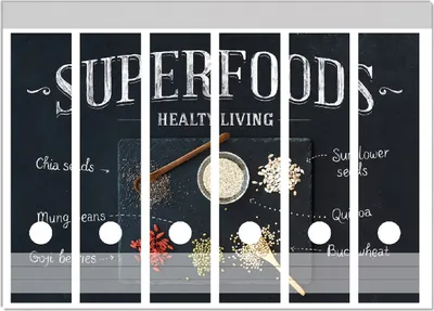 Produktbild von Wallario Ordnerrücken Sticker, selbstklebend für breite Ordner, 6 Stück, Motiv Superfoods auf einer Schieferplatte - Gesunde Ernährung