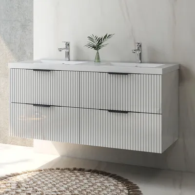 Produktbild von Waschtisch mit Unterschrank 120cm RIVA Badmöbel Set Hochglanz Weiß Waschbecken mit Unterschrank Softclose