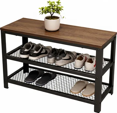 Immagine prodotto di Panca porta scarpe Relaxdays, per 6 paia di scarpe, A x L x P: 45 x 73 x 30 cm, 2 ripiani a griglia, seduta effetto legno, marrone/nero