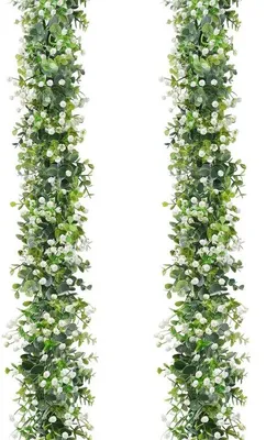 Image de Guirlandes artificielles d'eucalyptus avec des feuilles blanches résistantes aux UV, pour l'intérieur et l'extérieur, lot de 2