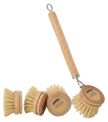 Produktbild von Spülbürste mit 3 Ersatzköpfen aus Holz und Naturfaser-Borsten, plastikfrei und schadstofffrei für die Küche