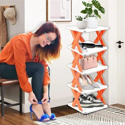 Immagine prodotto di Uniqoos® - Scaffale per scarpe, stretto, con 4 ripiani, salvaspazio, impilabile e pieghevole, struttura a forma di "X" con base ampia e stabile, ideale per ingresso e camera da letto