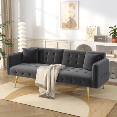 Produktbild von Multifunktion Zweisitzer-Sofabett mit verstellbarer Rückenlehne & mehrstufigen Armlehnen, Faltsofa mit Veloursbezug & Liegefläche,für Wohnzimmer, 178x82x70cm, Grau