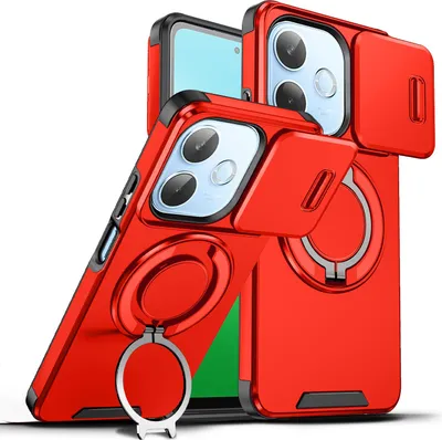 Immagine prodotto di Custodia a doppio strato per Oppo A5 Pro, copertura scorrevole della fotocamera e supporto ad anello magnetico Rosso