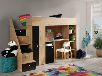 Produktbild von Hochbett Etagenbett mit Schreibtisch Schrank & Treppe SAM 14 eiche schwarz