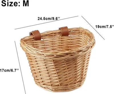 Productafbeelding van Unyqoos® Kinderfietsmand, riet, met de hand geweven en waterafstotend – verstelbare leren banden (zwart/bruin), geschikt voor meisjesfietsen van 12, 14, 16, 18 en 20 inch, en voor scooters/driewielers