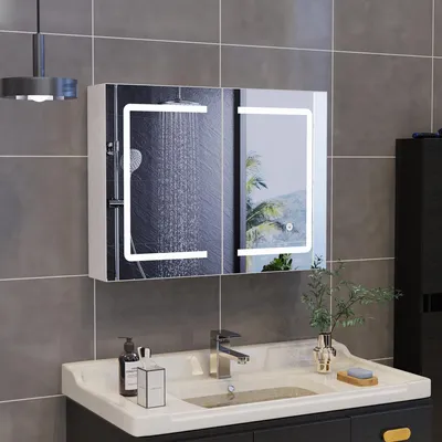 Obrázek produktu pro Nástěnná koupelnová zrcadlová skříňka s LED osvětlením a dotykovým spínačem - 80 x 13,5 x 60 cm