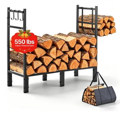 Obrázek produktu pro Regál na dřevo VEVOR, vhodný pro ukládání briket, štěpků a dalšího paliva, rozměry 830 mm, určený pro použití u krbů, kamen a na terase i balkóně, ocelová konstrukce, nosnost 250 kg, objem 164,24 litrů, včetně tašky na přenášení dřeva, barva černá