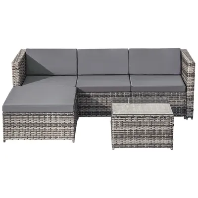Produktbild von Merax Polyrattan Lounge Gartenlounge Set 3-4 Personen, 5-tlg.Sitzgruppe mit Sofa, Tisch, Hocker und Kissen, Balkonmöbel Terassenmöbel Gartenmöbel,Grau