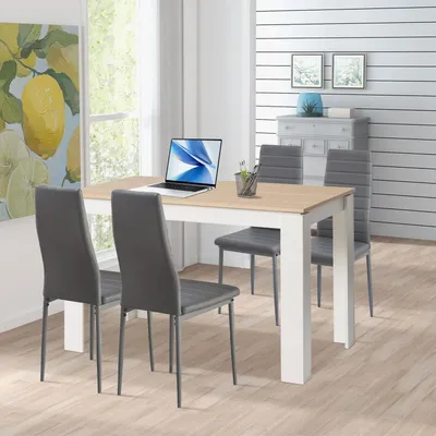 Image de Table de salle à manger avec 4 chaises, ensemble en bois chêne/blanc et gris foncé, dimensions 120x70 cm