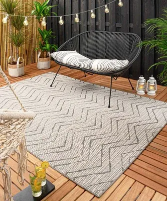 Imagen del producto de Unyqoos® Alfombra para balcón con diseño en zigzag – Alfombra para exteriores (ideal para balcones/terrazas), color crema/gris, 66 x 230 cm, apta para interiores y exteriores