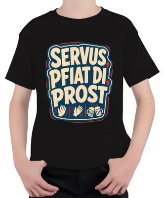 Productafbeelding van Servus! Proost! Beierse Oktoberfest-bier. Traditionele lederhosen voor kinderen. T-shirt, zwart, maat 140