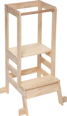 A wooden step stool for children.