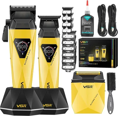 Produktbild von Haarschneidemaschine Set,Kabelloser Titanbeschichtete Rasierer und Präzisionstrimmer mit 8000/9000 U/min Motor, Barber Set mit Ladestation,LED-Display