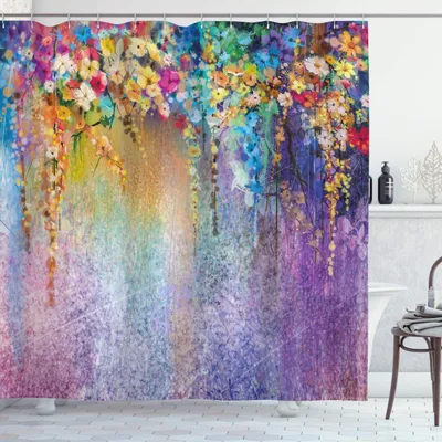 Image de Rideau de douche, motif floral, ensemble de décoration de salle de bain en tissu avec crochets, 180 cm x 180 cm, multicolore