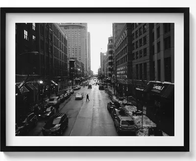 Produktbild von Schwarz-weiße Straßen von Chicago– Wandbild mit Rahmen – Gerahmtes Bild  – Wanddekoration – 80x60 cm –  Schwarz Rahmen