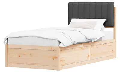 Produktbild von Holzbettgestell mit gepolsterter Kopfstütze in Dunkelgrau aus massivem Kiefernholz | 195,5 x 95,5 x 93 cm